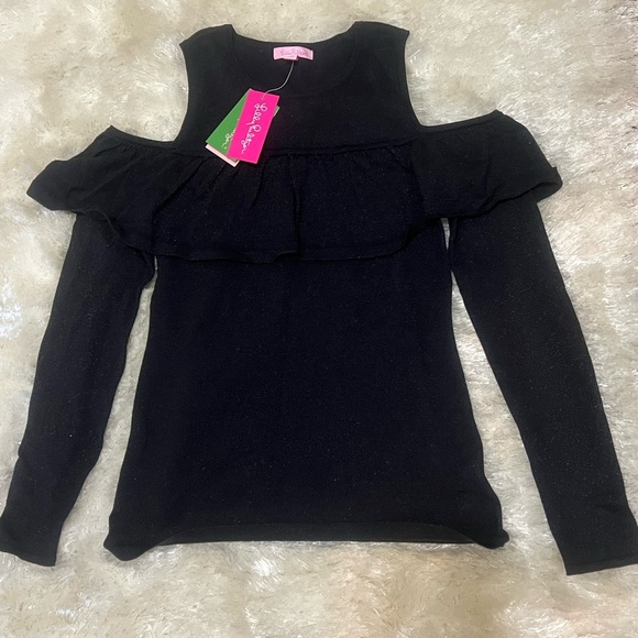 NWT Lilly Pulitzer Burke Sweater Cold Shoulder Ruffle Onyx Metallic Black - Picture 1 of 9